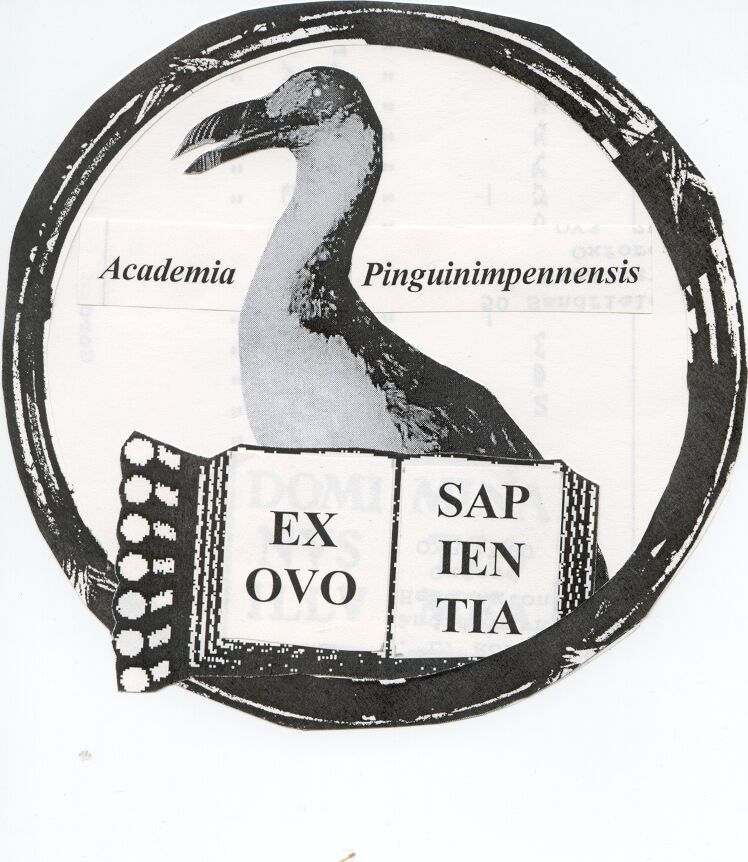 Auksford crest: Great Auk with book bearing the words "Ex ovo sapienitia"